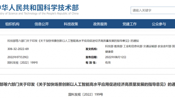 科技部等六部门印发通知 鼓励在农业等重点行业深挖人工智能技术应用场景